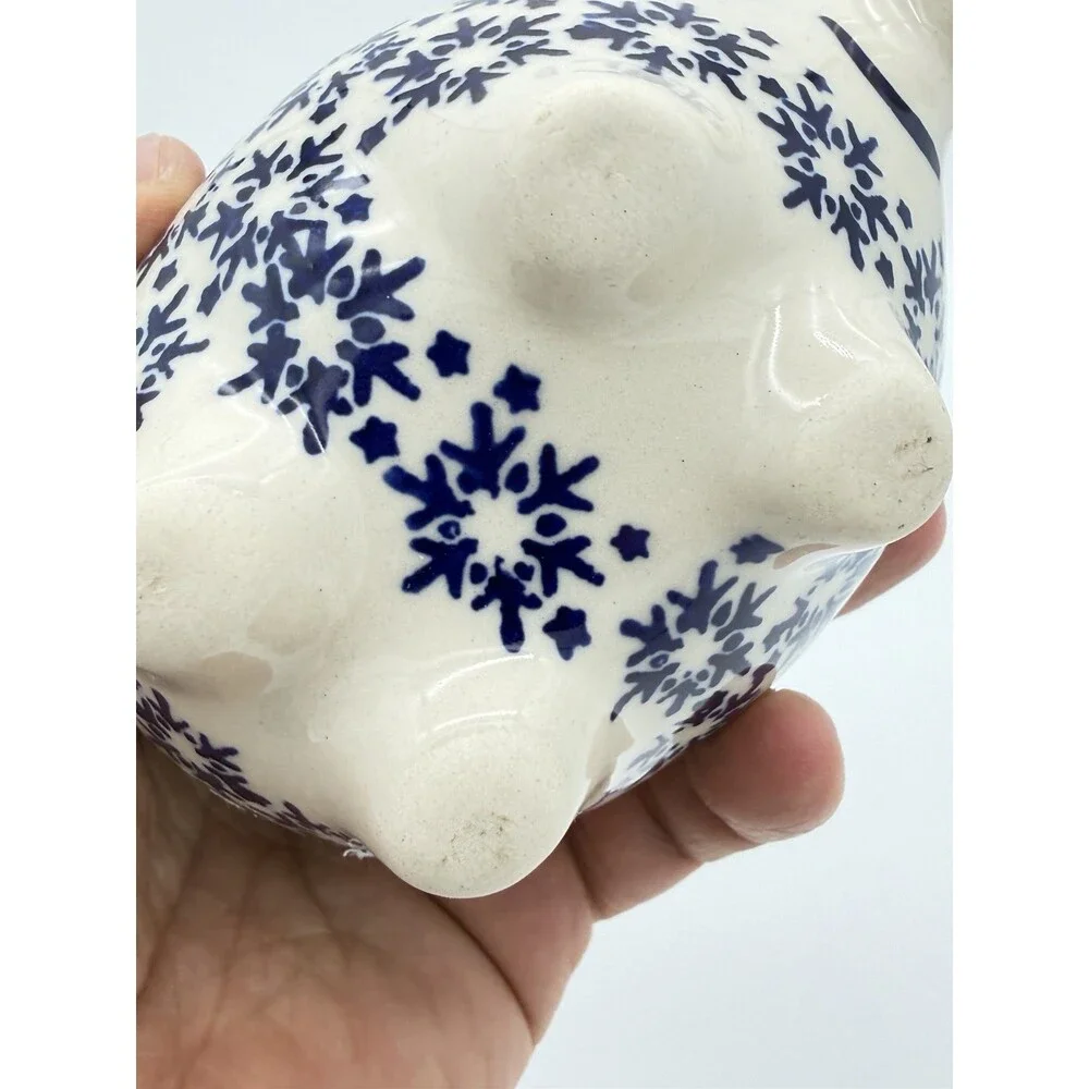 Boleslawiec Polish Art Pottery Hand Painted Cardinal Snow Flakes Piggy Bank